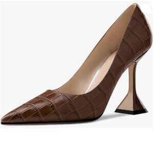 YDN Brown Alligator Pointed Toe Slip on Pumps Special High Heel Shoe for Party